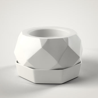 Faceted Planter + Drip Tray in white, 3D printed — studio render