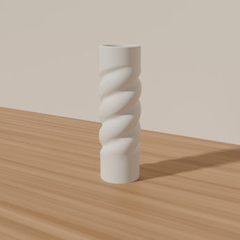 Twisted spiral bud vase on a wooden shelf — studio render of the exact printed model