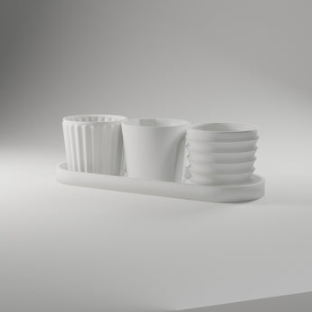 Mini Planter Trio + Drip Tray in white, 3D printed — studio render