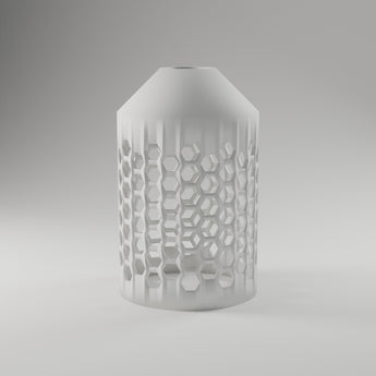 Hex Lattice LED Lantern in white, 3D printed — studio render