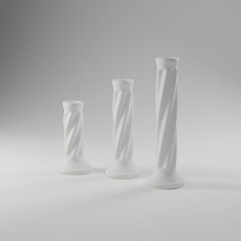 Twisted LED Candlestick Trio in matte white, 3D printed — studio render