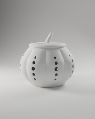 Perforated Pumpkin Luminary in white, 3D printed — studio render