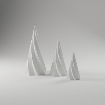 Twisted Tree Trio in matte white, 3D printed — studio render