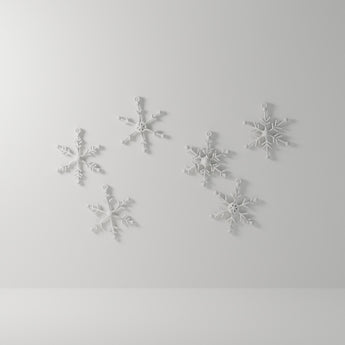 Snowflake Ornament Set of 6 in matte white, 3D printed — studio render