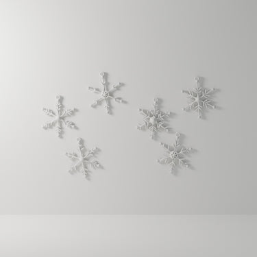 Snowflake Ornament Set of 6 in matte white, 3D printed — studio render