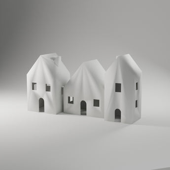 Snow Village LED Houses, Set of 3 in white, 3D printed — studio render