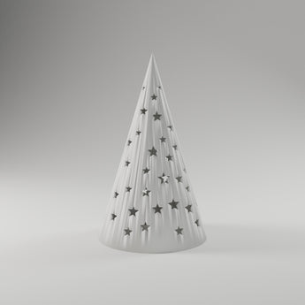 Starry Cone Tree Luminary in white, 3D printed — studio render