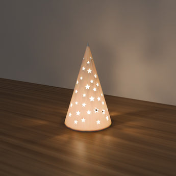 Starry Cone Tree Luminary glowing with an LED light — render