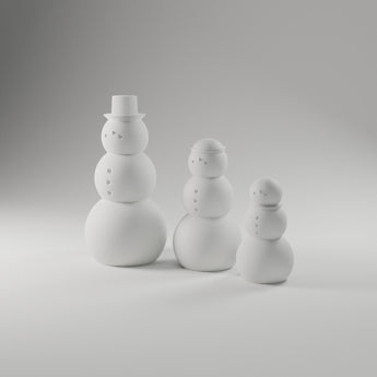 Minimal Snowman Trio in matte white, 3D printed — studio render