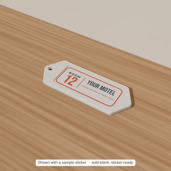 Retro Motel Key Tag Blank with a sample sticker applied — render