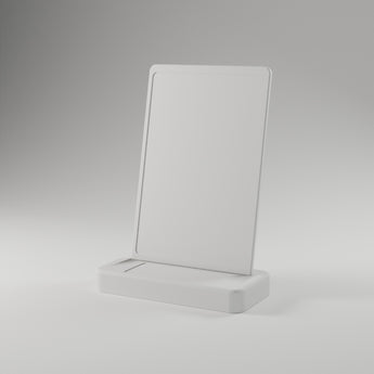 Tap & Scan Review Stand, white 3D printed sticker-ready blank — studio render