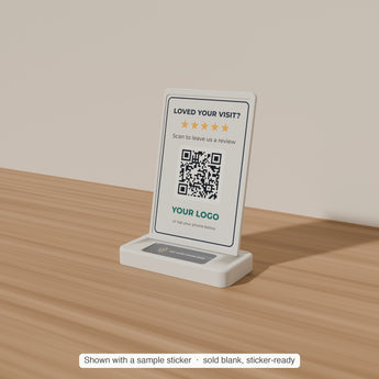 Tap & Scan Review Stand with a sample sticker applied — render