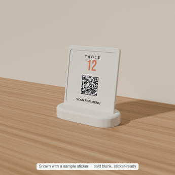Table Number & QR Stand with a sample sticker applied — render