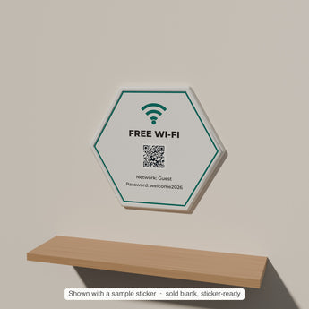Hex Wall Plaque Blank with a sample sticker applied — render