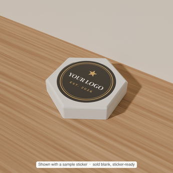 Hex Paperweight Blank with a sample sticker applied — render