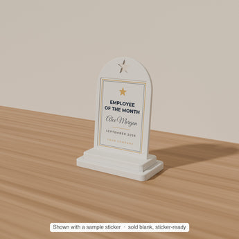 Mini Award Plaque with a sample sticker applied — render