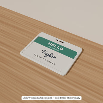 Staff Name Badge Blank with a sample sticker applied — render