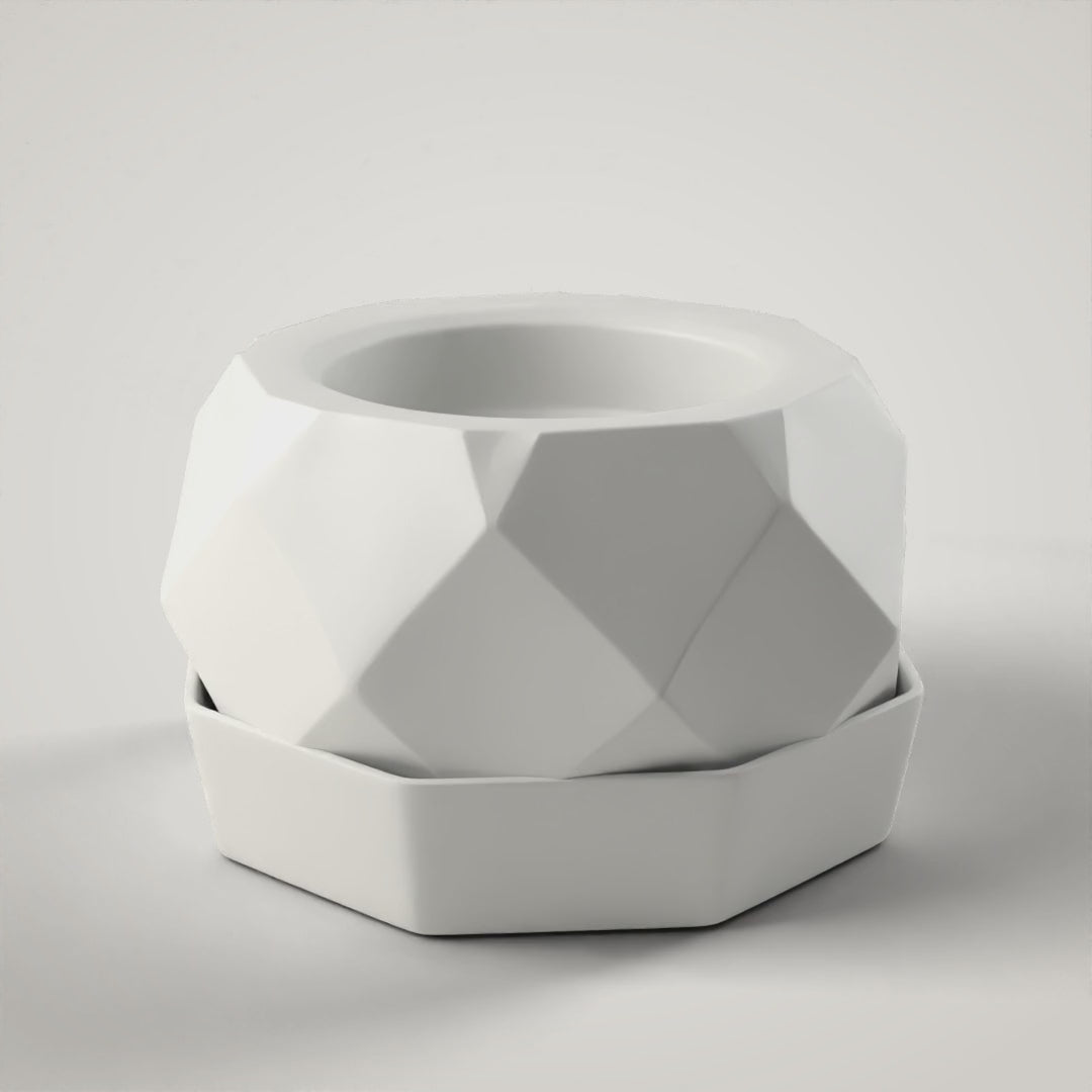 360° turntable of the Faceted Planter + Drip Tray — studio render of the exact printed model