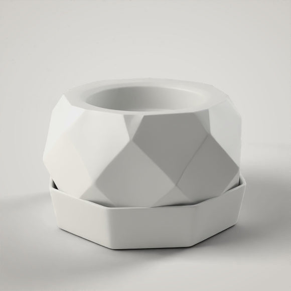 360° turntable of the Faceted Planter + Drip Tray — studio render of the exact printed model